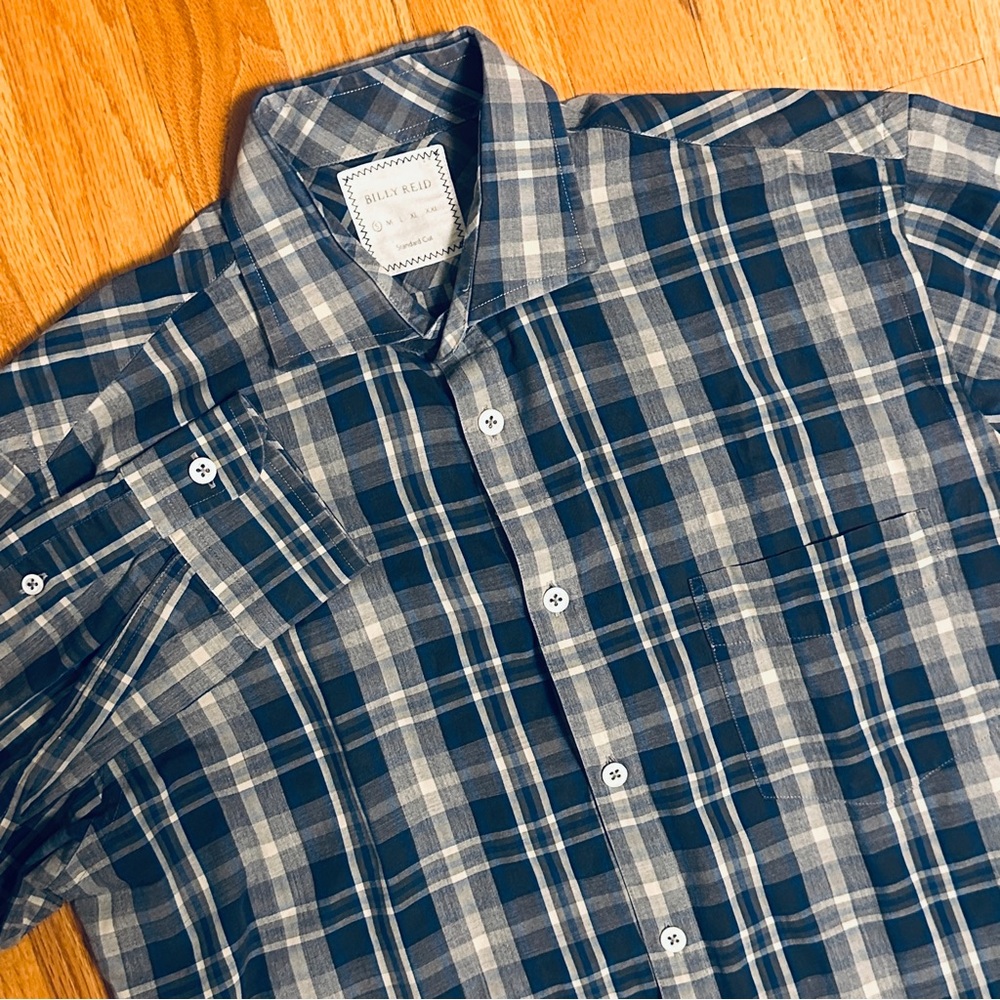 Billy Reid Mens Small Blue White Plaid Cotton Long Sleeve Button Down Shirt